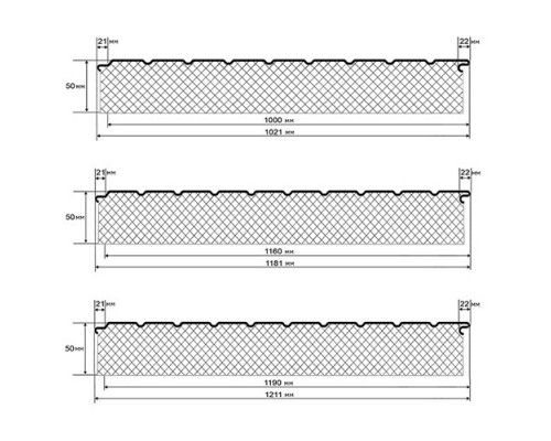 Двухслойные сэндвич-панели из минеральной ваты, ширина 1200 мм, толщина 50 мм, 0.5, RAL3011