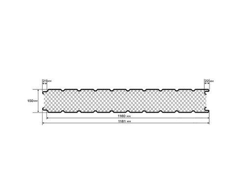 Стеновые сэндвич-панели из пенополиизоцианурата, ширина 1160 мм, толщина 150 мм, 0.5/0.5, RAL6002