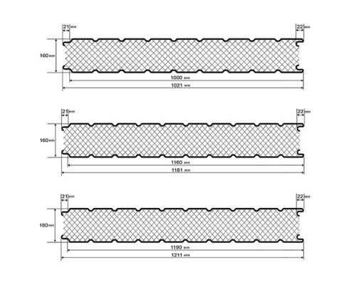 Стеновые сэндвич-панели из пенополиизоцианурата, ширина 1000 мм, толщина 160 мм, 0.5/0.5, RAL1014