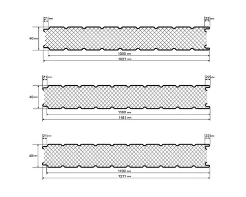 Стеновые сэндвич-панели из пенополиизоцианурата, ширина 1000 мм, толщина 40 мм, 0.5/0.5, RAL7035