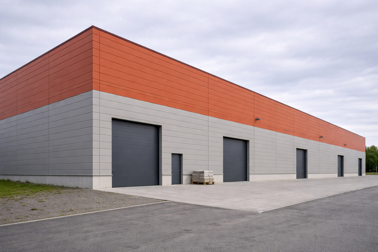 Промышленный фасад из линеарных панелей после монтажа