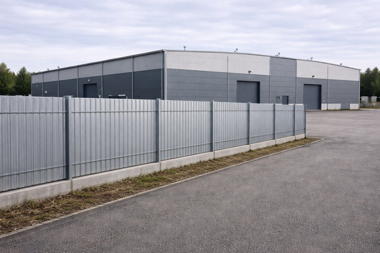 Промышленный фасад из профнастила после монтажа